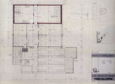 Société coopérative de fromagerie [de] Trévillers. Extension du bâtiment fromagerie. 2235-2. État projeté sous-sol [plan], 7 avril 1987. © Région Bourgogne-Franche-Comté, Inventaire du patrimoine