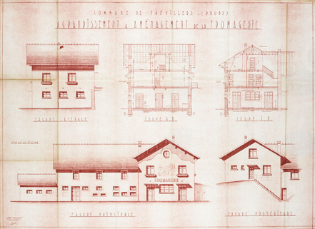Commune de Trévillers (Doubs). Agrandissement & aménagement de la fromagerie [coupes et élévations], 30 juillet 1951. © Région Bourgogne-Franche-Comté, Inventaire du patrimoine