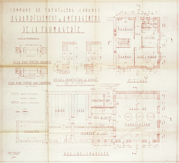 Commune de Trévillers (Doubs). Agrandissement & aménagement de la fromagerie [plans et coupes de détail], 20 juillet 1951. © Région Bourgogne-Franche-Comté, Inventaire du patrimoine