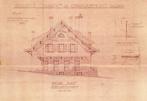 Société cooper[a]tive de Charquemont (Doubs). Pl. n° 5. Façade ouest. Entrée de la Fromagerie, 25 juin 1939. © Région Bourgogne-Franche-Comté, Inventaire du patrimoine