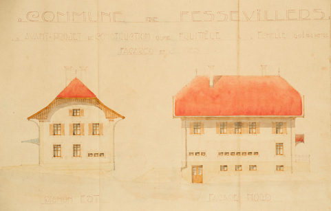 Commune de Fessevillers. Projet de construction d’une fruitière [détail : façades est et nord], 1932. © Région Bourgogne-Franche-Comté, Inventaire du patrimoine