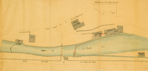 Rivière du Doubs. Usine Bulle-Mougin - V[eu]ve Chatelain à la Rasse. Reconstruction du barrage. Plan des lieux, 19 mai 1896. © Région Bourgogne-Franche-Comté, Inventaire du patrimoine
