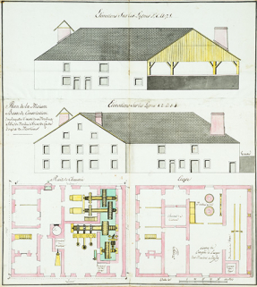 Plan de la maison basse de Consolation dans laquelle il existe deux moulins à blé, un moulin à scies, un feu de forge et un martinet [plans et élévations], s.d. [vers 1820]. © Région Bourgogne-Franche-Comté, Inventaire du patrimoine