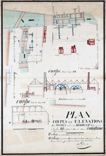 Plan, coupes et élévations des usines à fer de Moncey [...], 1828. © Région Bourgogne-Franche-Comté, Inventaire du patrimoine