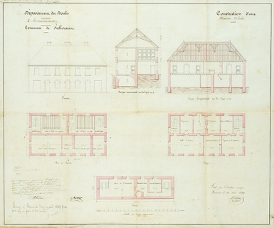 Commune de Fallerans. Construction d'une maison d’école [plans, coupes et élévation], 1849. © Région Bourgogne-Franche-Comté, Inventaire du patrimoine