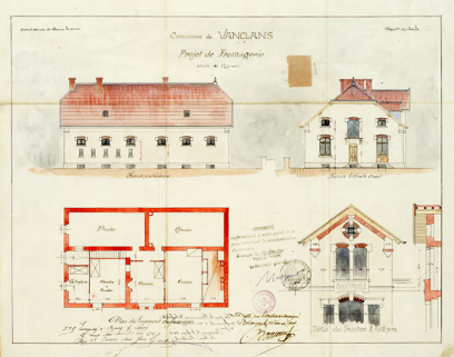 Commune de Vanclans. Projet de fromagerie [élévations et plan], 1901. © Région Bourgogne-Franche-Comté, Inventaire du patrimoine