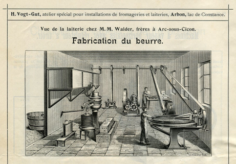 Fromagerie Walder à Arc-sous-Cicon. La beurrerie, gravure, s.d. [vers 1908]. © Région Bourgogne-Franche-Comté, Inventaire du patrimoine