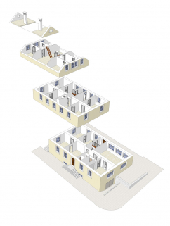 Modélisation 3D du bâtiment en 2006. D'après des relevés de l'architecte Patrick Masson. © Région Bourgogne-Franche-Comté, Inventaire du patrimoine Modélisation 3D du bâtiment en 2006. D'après des relevés de l'architecte Patrick Masson. © Région Bourgogne-Franche-Comté, Inventaire du patrimoine