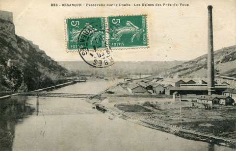 333 - Besançon - Passerelle sur le Doubs - Les usines des Prés-de-Vaux, [entre 1892 et 1905]. © Région Bourgogne-Franche-Comté, Inventaire du patrimoine