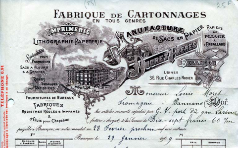Fabrique de cartonnages Ducret Frères, papier à en-tête, vers 1909. © Région Bourgogne-Franche-Comté, Inventaire du patrimoine Fabrique de cartonnages Ducret Frères, papier à en-tête, vers 1909. © Région Bourgogne-Franche-Comté, Inventaire du patrimoine