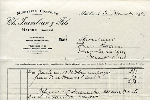 Facture avec en-tête de la maison Ch. Jeambrun et Fils - Minoterie comtoise, 24 novembre 1934. © Région Bourgogne-Franche-Comté, Inventaire du patrimoine