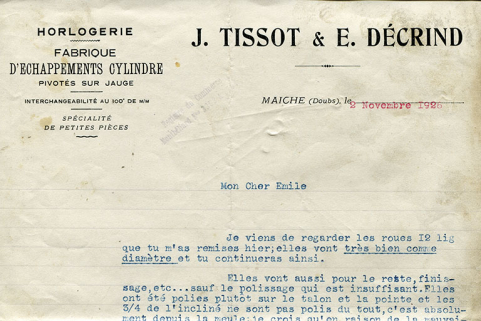 Papier à en-tête de la société J. Tissot et E. Decrind, 2 novembre 1926. © Région Bourgogne-Franche-Comté, Inventaire du patrimoine