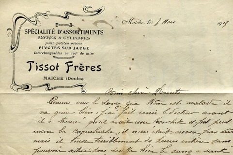 Papier à en-tête de la société Tissot Frères, 4 mars 1915. © Région Bourgogne-Franche-Comté, Inventaire du patrimoine