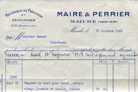 Papier à en-tête de la société Maire et Perrier, 31 octobre 1928. © Région Bourgogne-Franche-Comté, Inventaire du patrimoine Papier à en-tête de la société Maire et Perrier, 31 octobre 1928. © Région Bourgogne-Franche-Comté, Inventaire du patrimoine