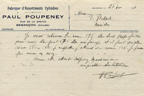 Carte à en-tête de la Fabrique d'Assortiments Cylindres Paul Poupeney rue de la Grette à Besançon, 28 novembre 1932. © Région Bourgogne-Franche-Comté, Inventaire du patrimoine