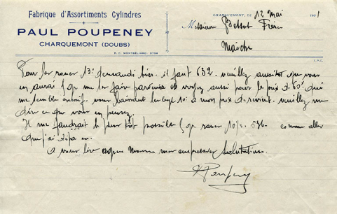 Carte à en-tête de la Fabrique d'Assortiments Cylindres Paul Poupeney à Charquemont, 12 mai 1931. © Région Bourgogne-Franche-Comté, Inventaire du patrimoine