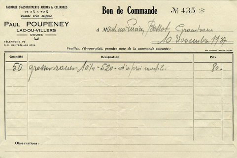 Bon de commande à en-tête de la Fabrique d'Assortiments Ancres et Cylindres Paul Poupeney à Villers-le-Lac, 10 novembre 1937. © Région Bourgogne-Franche-Comté, Inventaire du patrimoine