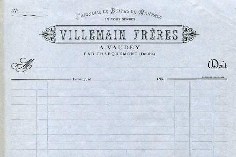 Papier à en-tête de la fabrique de boîtes de montres Villemain Frères, à Charquemont, décennie 1880. © Région Bourgogne-Franche-Comté, Inventaire du patrimoine Papier à en-tête de la fabrique de boîtes de montres Villemain Frères, à Charquemont, décennie 1880. © Région Bourgogne-Franche-Comté, Inventaire du patrimoine