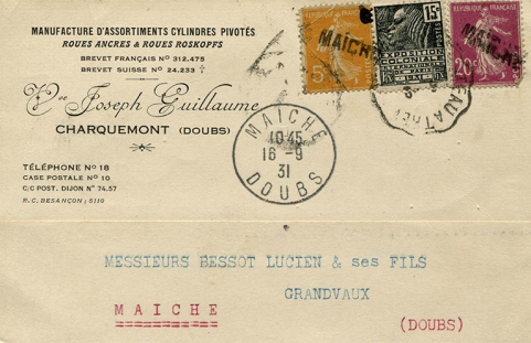 Carte à en-tête de la manufacture de roues d'ancre et roues Roskopf Veuve Joseph Guillaume, 16 septembre 1931. © Région Bourgogne-Franche-Comté, Inventaire du patrimoine