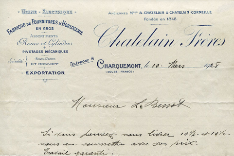 Papier à en-tête de la société Châtelain frères, 10 mars 1928. © Région Bourgogne-Franche-Comté, Inventaire du patrimoine Papier à en-tête de la société Châtelain frères, 10 mars 1928. © Région Bourgogne-Franche-Comté, Inventaire du patrimoine