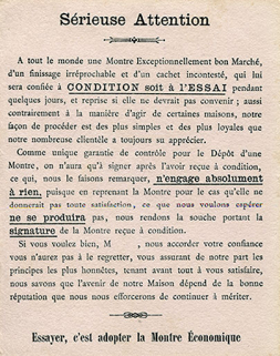 Carte publicitaire de la "Manufacture de montres économiques à la portée de toutes les bourses Emile Walcker" [verso], limite 19e siècle 20e siècle. © Région Bourgogne-Franche-Comté, Inventaire du patrimoine