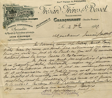 Papier à en-tête de la société Frésard Frères et Bessot, 12 octobre 1927. © Région Bourgogne-Franche-Comté, Inventaire du patrimoine Papier à en-tête de la société Frésard Frères et Bessot, 12 octobre 1927. © Région Bourgogne-Franche-Comté, Inventaire du patrimoine