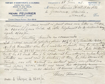 Papier à en-tête de la fabrique d'assortiments à cylindre Henri Feuvrier, 18 juin 1938. © Région Bourgogne-Franche-Comté, Inventaire du patrimoine Papier à en-tête de la fabrique d'assortiments à cylindre Henri Feuvrier, 18 juin 1938. © Région Bourgogne-Franche-Comté, Inventaire du patrimoine