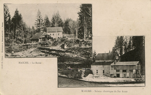 Maîche. - La Rasse [et] Maîche. - Scierie électrique de Ste-Anne [montage de deux vues des scieries], fin 19e siècle - début 20e siècle (avant 1901). © Région Bourgogne-Franche-Comté, Inventaire du patrimoine