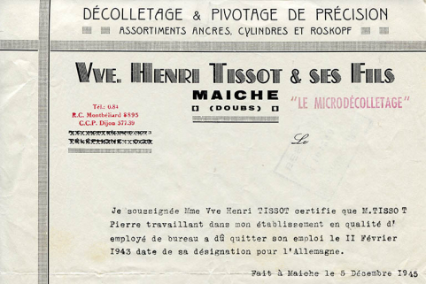 Papier à en-tête de la société Veuve Henri Tissot et ses Fils "Le Microdécolletage", 5 décembre 1945. © Région Bourgogne-Franche-Comté, Inventaire du patrimoine