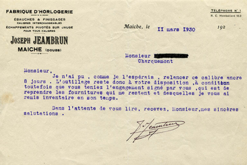 Papier à en-tête de la Fabrique d'horlogerie Joseph Jeambrun, 11 mars 1930. © Région Bourgogne-Franche-Comté, Inventaire du patrimoine Papier à en-tête de la Fabrique d'horlogerie Joseph Jeambrun, 11 mars 1930. © Région Bourgogne-Franche-Comté, Inventaire du patrimoine
