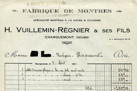 Papier à en-tête de la fabrique de montres H. Vuillemin-Régnier & ses Fils, 7 août 1931. © Région Bourgogne-Franche-Comté, Inventaire du patrimoine Papier à en-tête de la fabrique de montres H. Vuillemin-Régnier & ses Fils, 7 août 1931. © Région Bourgogne-Franche-Comté, Inventaire du patrimoine