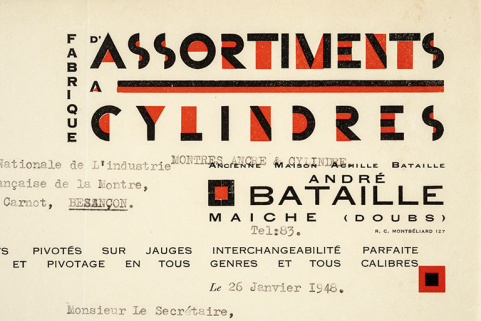 Papier à en-tête de la fabrique d'assortiments à cylindre André Bataille, à Maîche, 26 janvier 1948 : un exemple du passage de la fabrication des échappements à cylindre à celle des montres complètes. © Région Bourgogne-Franche-Comté, Inventaire du patrimoine Papier à en-tête de la fabrique d'assortiments à cylindre André Bataille, à Maîche, 26 janvier 1948 : un exemple du passage de la fabrication des échappements à cylindre à celle des montres complètes. © Région Bourgogne-Franche-Comté, Inventaire du patrimoine