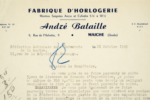 Papier à en-tête de la fabrique d'horlogerie d'André Bataille, 21 octobre 1949 : un exemple du passage de la fabrication des assortiments à cylindre à celle des montres complètes. © Région Bourgogne-Franche-Comté, Inventaire du patrimoine Papier à en-tête de la fabrique d'horlogerie d'André Bataille, 21 octobre 1949 : un exemple du passage de la fabrication des assortiments à cylindre à celle des montres complètes. © Région Bourgogne-Franche-Comté, Inventaire du patrimoine