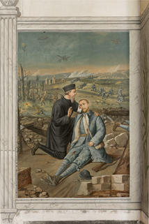 Peinture représentant un soldat secouru par un infirmier. © Région Bourgogne-Franche-Comté, Inventaire du patrimoine