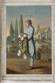 Peinture représentant un soldat portant une gerbe. © Région Bourgogne-Franche-Comté, Inventaire du patrimoine