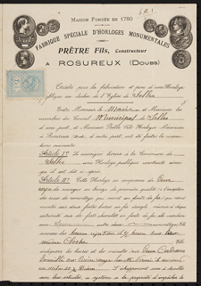 En-tête de la Fabrique spéciale d'Horloges monumentales Prêtre Fils, constructeur à Rosureux (Doubs), limite 19e siècle 20e siècle © Région Bourgogne-Franche-Comté, Inventaire du patrimoine