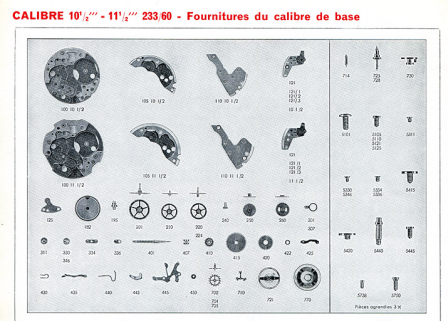 Calibre 10 1/2''' - 11 1/2''' 233-60 - Fournitures du calibre de base, 1973. © Région Bourgogne-Franche-Comté, Inventaire du patrimoine Calibre 10 1/2''' - 11 1/2''' 233-60 - Fournitures du calibre de base, 1973. © Région Bourgogne-Franche-Comté, Inventaire du patrimoine