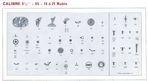 Calibre 5 1/4''' - 55 - 15 à 21 rubis [éclaté des fournitures], 1973. © Région Bourgogne-Franche-Comté, Inventaire du patrimoine