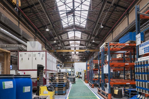 Atelier de tôlerie. Vue axiale de la charpente. © Région Bourgogne-Franche-Comté, Inventaire du patrimoine