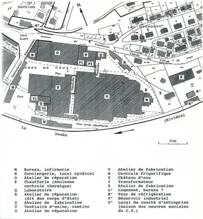 Plan-masse de la partie centrale du site industriel (usine A). Extrait du plan cadastral, 1982, section DH, 1/1 000 réduit à 1/2 000. © Région Bourgogne-Franche-Comté, Inventaire du patrimoine