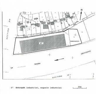 Plan-masse de la partie orientale du site industriel (usine C). Extrait du plan cadastral, 1982, section DH, 1/1 000 réduit à 1/2 000. © Région Bourgogne-Franche-Comté, Inventaire du patrimoine
