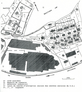 Plan-masse de la partie résidentielle du site. Extrait du plan cadastral, 1982, section DH, 1/1 000 réduit à 1/2 000. © Région Bourgogne-Franche-Comté, Inventaire du patrimoine