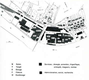 Schéma de répartition fonctionnelle de l'usine. D'après un plan commenté de localisation d'ateliers et de machines, s.d. [vers 1980 ?]. Fonds : plan cadastral, 1982, section DH, 1/1 000 réduit à l'échelle approximative 1/4 000. © Région Bourgogne-Franche-Comté, Inventaire du patrimoine