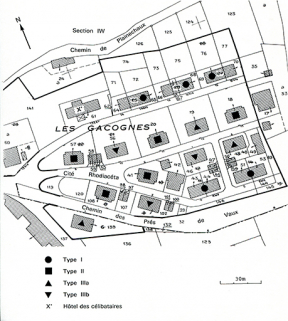 Plan typologique de la cité ouvrière. Extrait du plan cadastral, 1982, section DH, 1/1 000. © Région Bourgogne-Franche-Comté, Inventaire du patrimoine