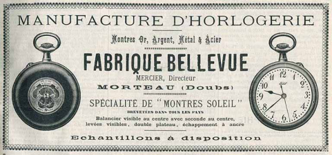 Manufacture d'Horlogerie. Fabrique Bellevue. Mercier, directeur. Morteau (Doubs) [publicité], 1905. © Région Bourgogne-Franche-Comté, Inventaire du patrimoine