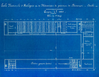 Ecole nationale d'Horlogerie et de Mécanique de Précision de Besançon - Doubs. Projet LT 1923. Plan du 1er étage. © Région Bourgogne-Franche-Comté, Inventaire du patrimoine Ecole nationale d'Horlogerie et de Mécanique de Précision de Besançon - Doubs. Projet LT 1923. Plan du 1er étage. © Région Bourgogne-Franche-Comté, Inventaire du patrimoine