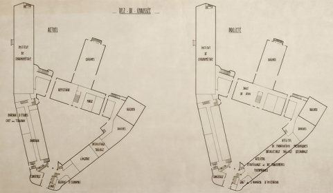 [Plan d’affectation des locaux]. Rez-de-chaussée [actuel et projeté], [décennie 1950]. © Région Bourgogne-Franche-Comté, Inventaire du patrimoine