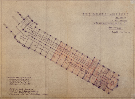 Ecole nationale d’Horlogerie de Besançon. Avant-projet d’agrandissement du Bat E. 3e étage, 15 juin 1936 © Région Bourgogne-Franche-Comté, Inventaire du patrimoine Ecole nationale d’Horlogerie de Besançon. Avant-projet d’agrandissement du Bat E. 3e étage, 15 juin 1936 © Région Bourgogne-Franche-Comté, Inventaire du patrimoine