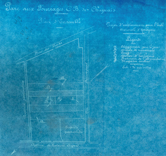 Parc aux fourrages C.B. des Chaprais. Plan d'ensemble. Projet d'emplacement pour l'Ecole nationale d'Horlogerie, [1922 ?]. © Région Bourgogne-Franche-Comté, Inventaire du patrimoine