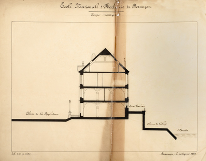 Ecole nationale d’Horlogerie de Besançon. Coupe transversale, 16 février 1921. © Région Bourgogne-Franche-Comté, Inventaire du patrimoine Ecole nationale d’Horlogerie de Besançon. Coupe transversale, 16 février 1921. © Région Bourgogne-Franche-Comté, Inventaire du patrimoine